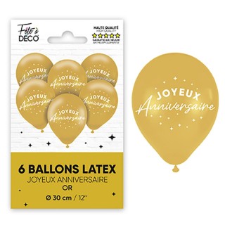 Confezione da 6 palloncini metallizzati con la scritta «Buon compleanno», color oro