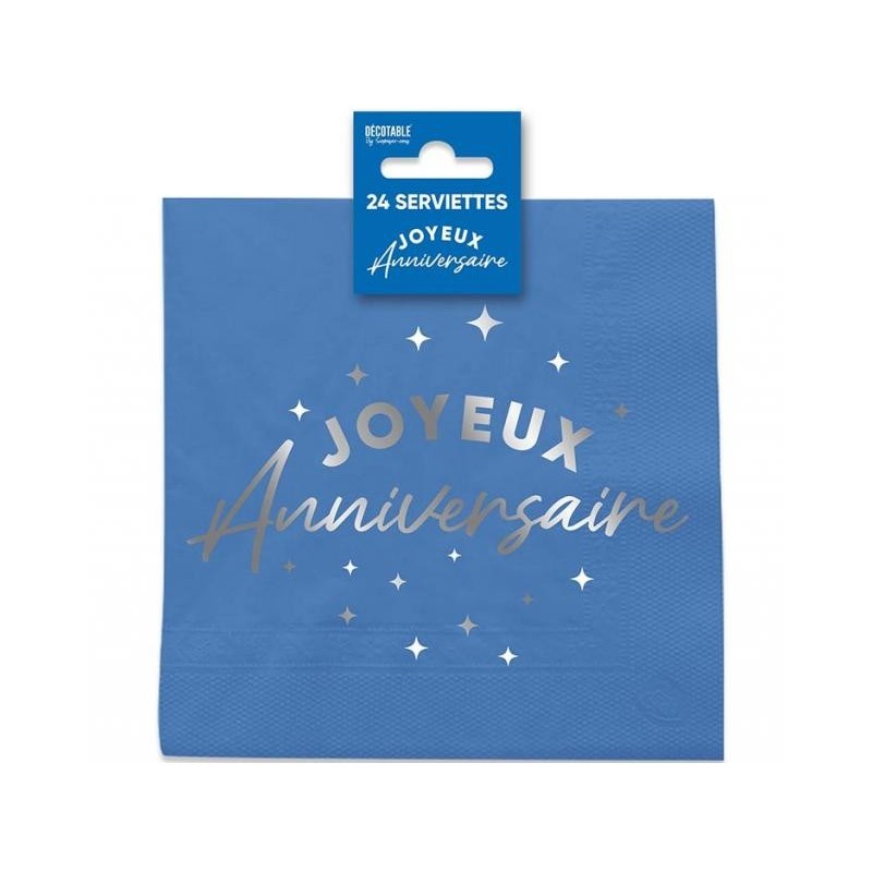24 Serviettes, Joyeux Anniversaire, 3 plis, 33 x33 cm Bleu/Argent