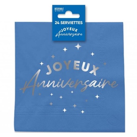 24 Servietten, „Happy Birthday“, 3-lagig, 33 x 33 cm, Blau/Silber