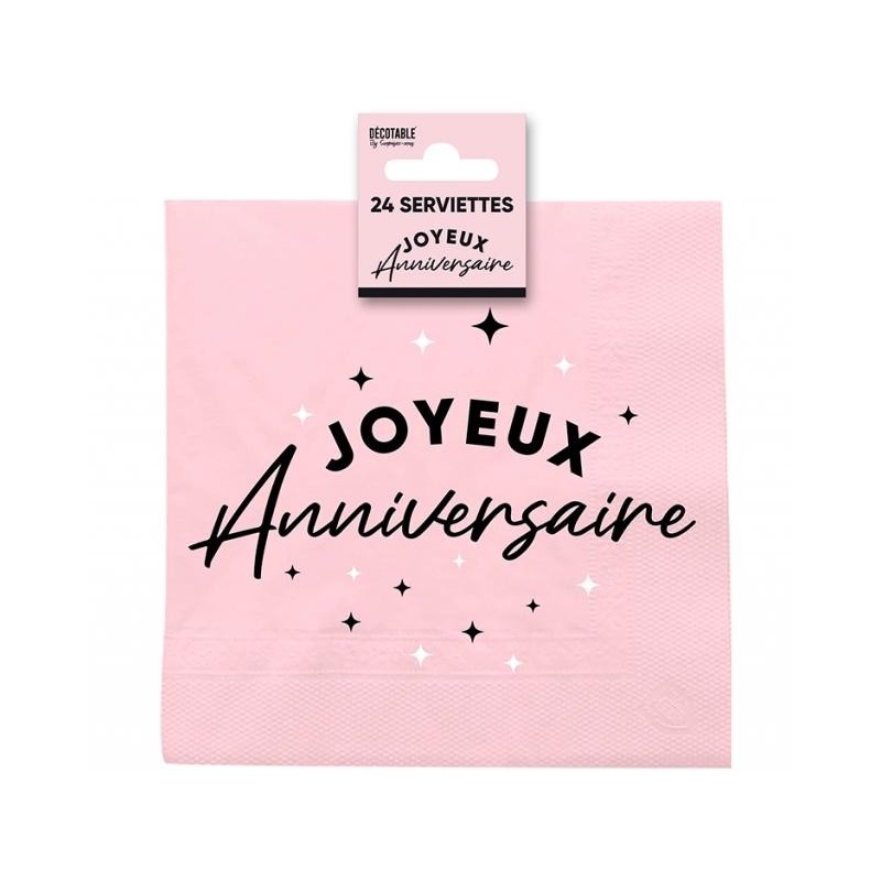 24 Servietten, „Alles Gute zum Geburtstag“, 3-lagig, 33 x 33 cm, Rosa/Schwarz