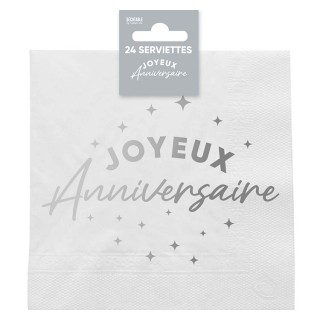 24 Servietten, „Happy Birthday“, 3-lagig, 33 x 33 cm, silber