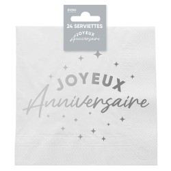 24 Servietten, „Happy Birthday“, 3-lagig, 33 x 33 cm, silber