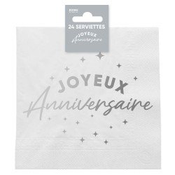 24 Serviettes, Joyeux Anniversaire, 3 plis, 33 x33 cm argent