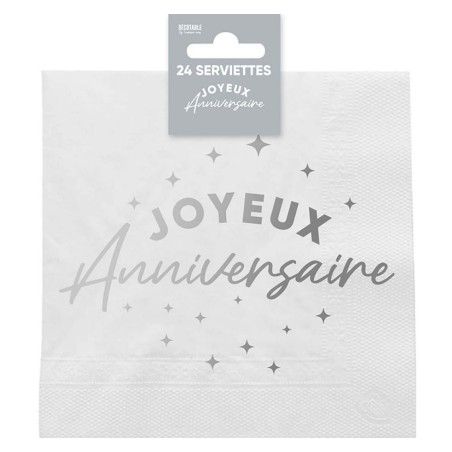 24 Servietten, „Happy Birthday“, 3-lagig, 33 x 33 cm, silber