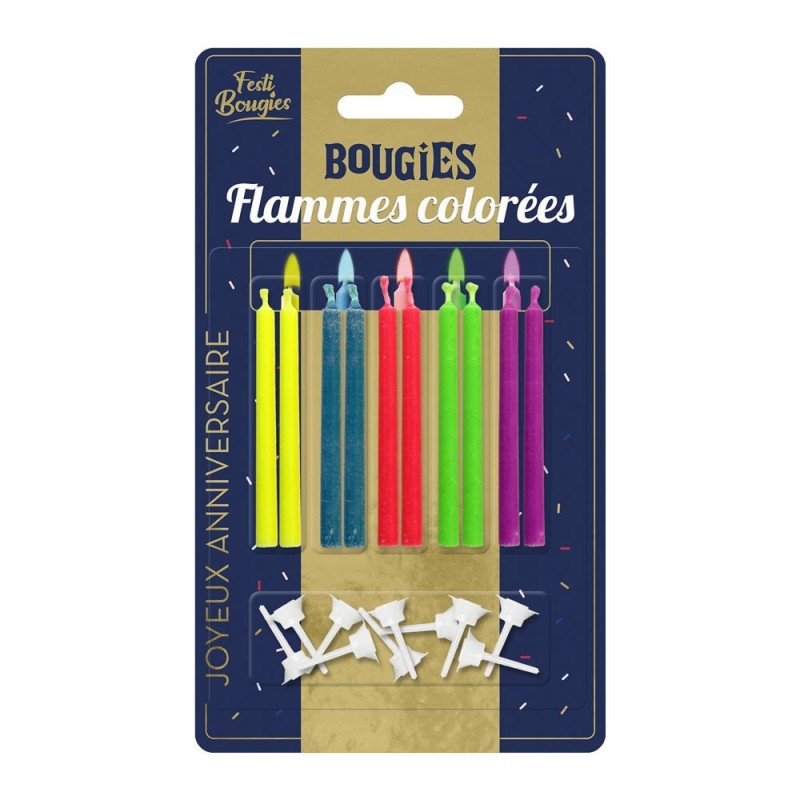 Bougies à flamme colorée – Lot de 10 pour anniversaire - Partytime Shop