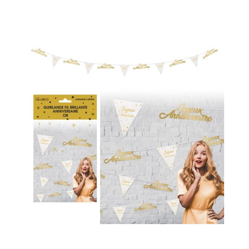 Guirlande Fil Joyeux Anniversaire, Métallique Or, 6m