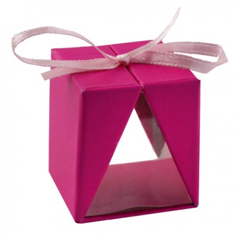 Boîte cadeau, fuchsia, 3,5x3,5x4 cm, carton & pvc, ruban fuchsia