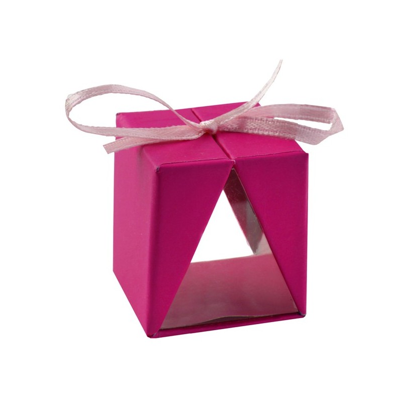 4 Schachtel Form Geschenk, fuchsia, 3,5x3,5x4 cm, Karton & PVC, mit Dekoband fuchsia