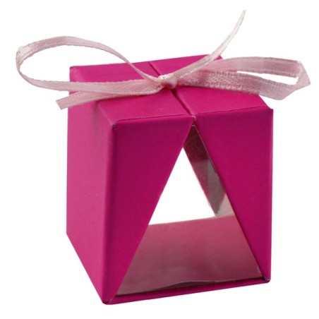 4 scatole regalo, fucsia, 3,5x3,5x4 cm, cartone e pvc, nastro fucsia