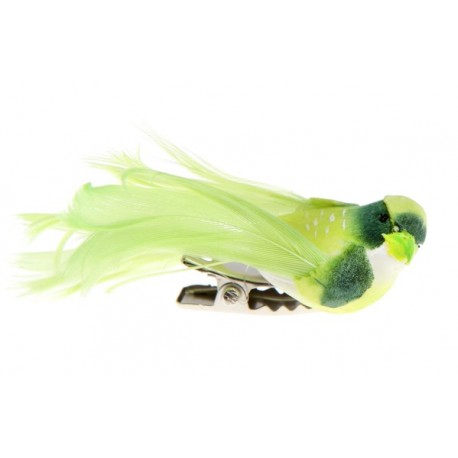 Kleiner Vogel auf einer Zange, Federn, 6,5 x 1,8 cm, Schachtel mit 4 Stück, grün