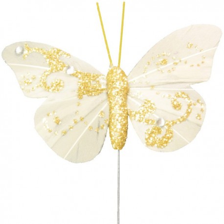 Papillon pailleté sur tige, plumes, 6x5 cm, sachet de 6 pièces, ivoire