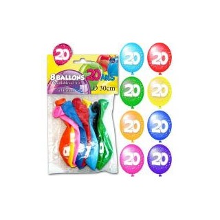 Sachet de 8 ballons 20ans ,Ø30 cm