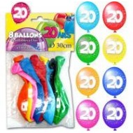 Sachet de 8 ballons 20 ans, ø 30 cm