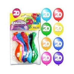 Sachet de 8 ballons 20ans ,Ø30 cm