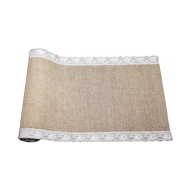Runner da tavola in juta con pizzo, 29 cm x 5 metri