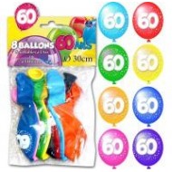 Sachet de 8 ballons 60 ans, ø 30 cm