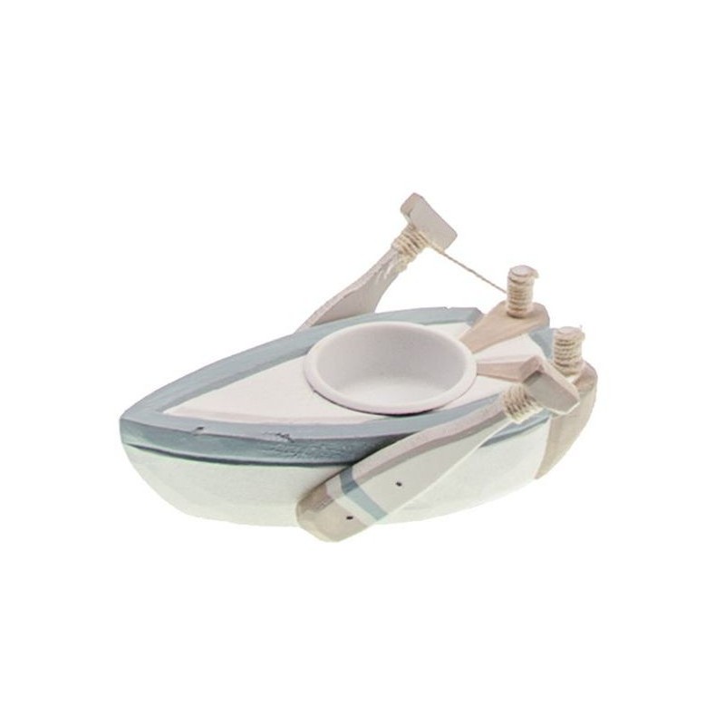 Candeliere barca di legno bianco, azzurro, taupe, 14x9,5x7cm