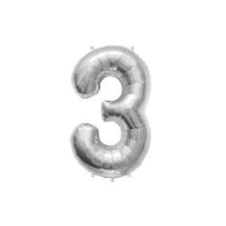 Ballon métal argent, 86cm, chiffre 3