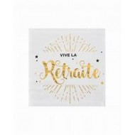 20 Tovaglioli di carta " vive la retraite" ( viva la pensione)12,5x12,5 cm, bianchi con scritta metallica dorata.