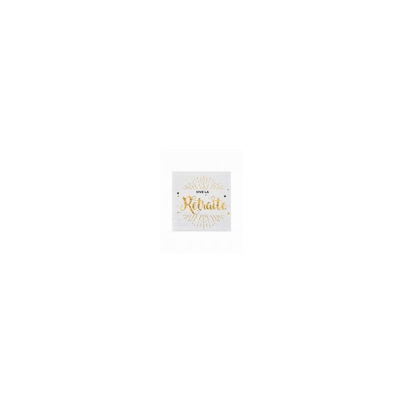20 Tovaglioli di carta "Vive la retraite" 12,5x12,5 cm, bianchi con scritta metallica dorata.