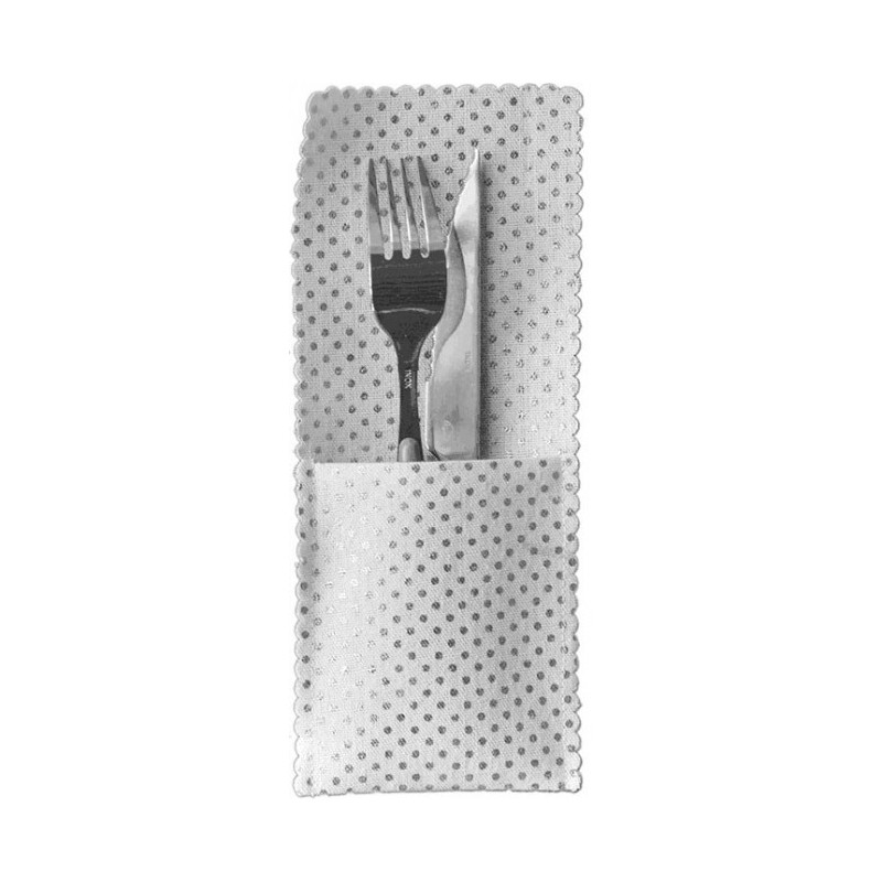 Bustine per posate, puntini metallici argento, 10x25cm