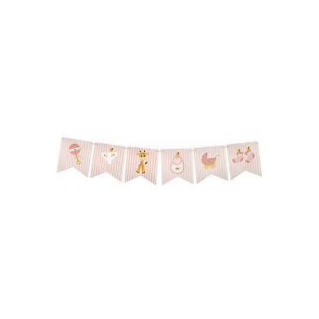 1 Guirlande Baby Shower à 14 Fanions, en papier rose et blanc, 18cm x 5m