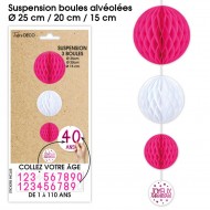 Suspensions 3 boules tous les âges, fuchsia & blanc