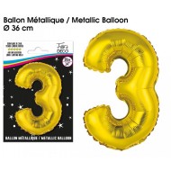 1 Ballon métallique, or Chiffre 3, 36cm