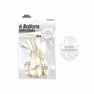 Sachet de  ballons métallisés joyeux anniversaire, blanc