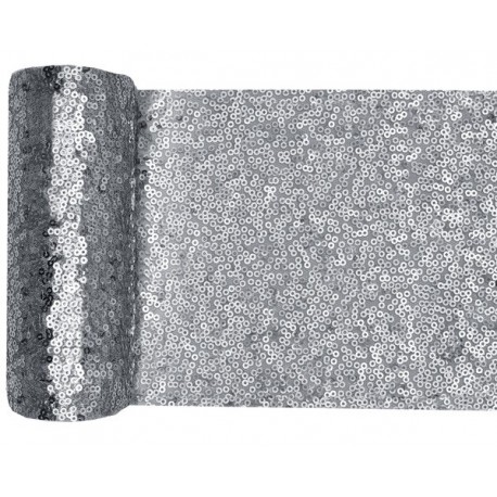 Chemin de table Sequins, 14cm x 3m, argent