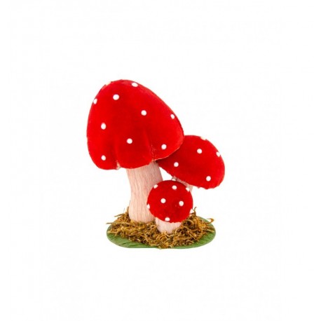 3 Champignons rouge sur socle mousse, 13 x 8.5 x15 cm