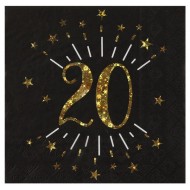 10 Papierservietten "Age Sparkling Metal", 20 Jahre, Schwarzgold. 16,5 x 16,5 cm