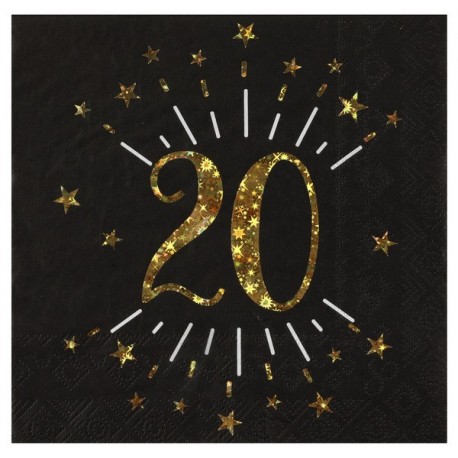 10 Papierservietten "Age Sparkling Metal", 20 Jahre, Schwarzgold. 16,5 x 16,5 cm