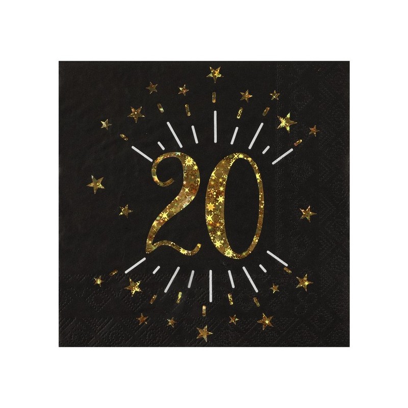 10 Papierservietten "Age Sparkling Metal", 20 Jahre, Schwarzgold. 16,5 x 16,5 cm
