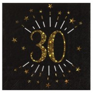 10 Papierservietten "Age Sparkling Metal", 30 Jahre, Schwarzgold. 16,5 x 16,5 cm