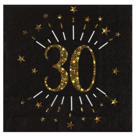 10 Papierservietten "Age Sparkling Metal", 30 Jahre, Schwarzgold. 16,5 x 16,5 cm