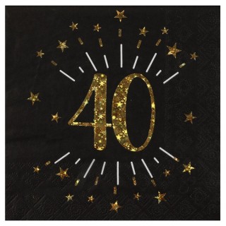 10 Papierservietten "Age Sparkling Metal", 40 Jahre, Schwarzgold. 16,5 x 16,5 cm