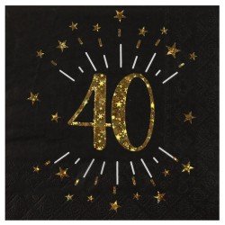 10 Serviettes Âge étincelant métal, 40 ans, noir or. 16,5 X 16,5cm