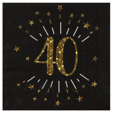 10 Papierservietten "Age Sparkling Metal", 40 Jahre, Schwarzgold. 16,5 x 16,5 cm