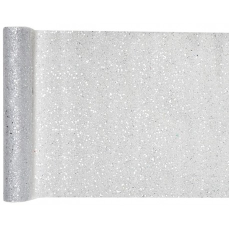 Chemin de table tulle pailleté, 30 cm x 5 mètres, argent