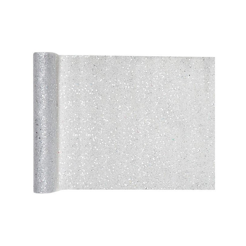 Chemin de table tulle pailleté, 30 cm x 5 mètres, argent