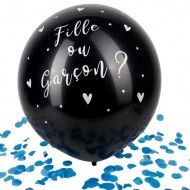 Riesiger schwarzer Ballon, Ø 60 cm, mit blauem Konfetti
