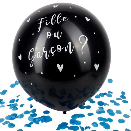 Ballon géant noir, Ø 60cm, avec confettis bleu