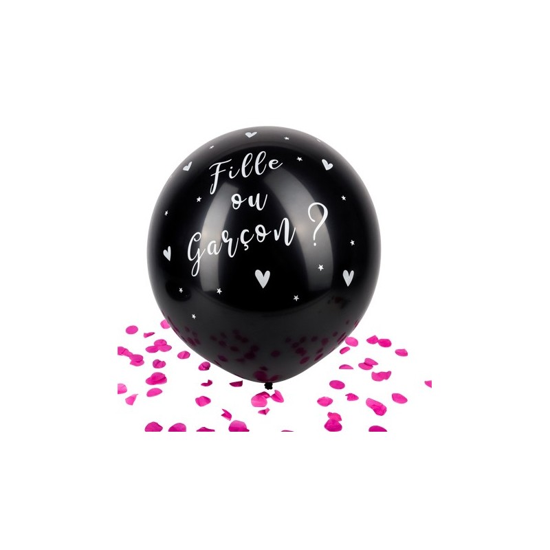 Riesiger schwarzer Ballon, Ø 60 cm, mit rosa Konfetti
