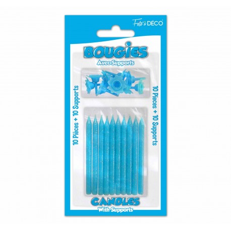 10 candele glitter con supporto, blu