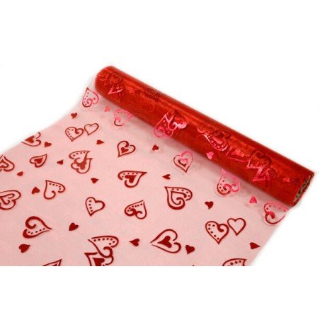 1 Rouleau organza cœurs 28 cm x 5 m rouge/rouge