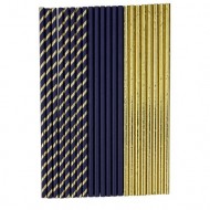 22 marineblaue und goldene Pappstrohhalme 19,5 cm