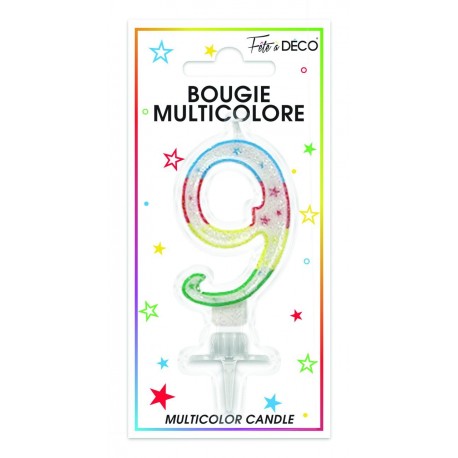 Bougie chiffre 9 multicolore