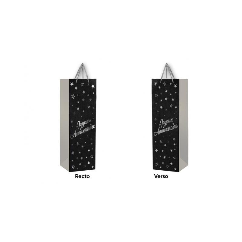 1 Geschenktüte für Flasche "Joyeux Anniversaire" schwarz-silber