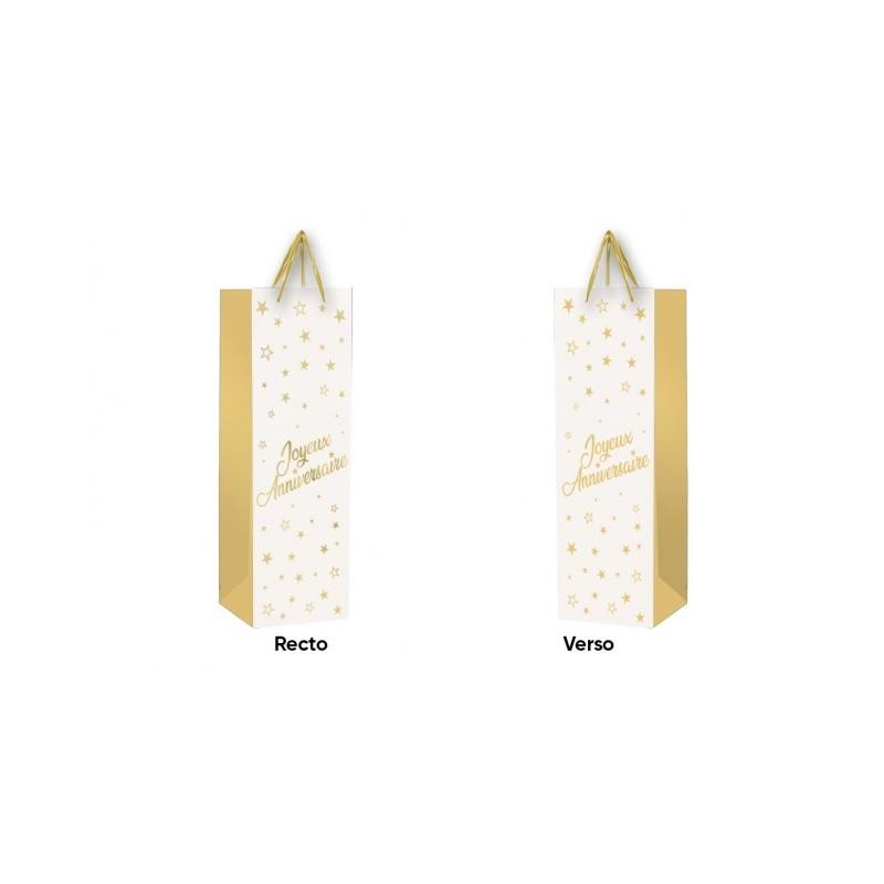 1 Sacchetto regalo per bottiglia "Joyeux Anniversaire" Oro - bianco